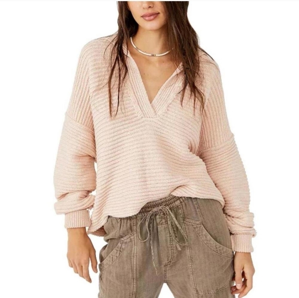 Free People Long Sleeve V-Neck Collar Sweater Marlie Pullover Ribbed Pink Small